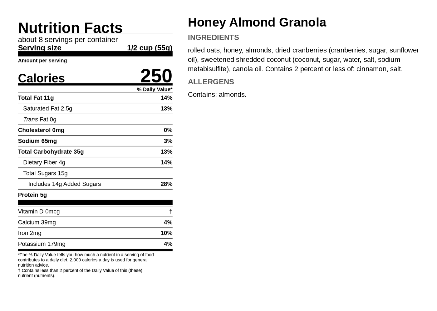 Sample Nutrition Facts panel for Honey Almond Granola next to its ingredient statement and allergen line: about 8 servings per container, serving size 1/2 cup (55g), 250 calories, and a Contains: almonds declaration.